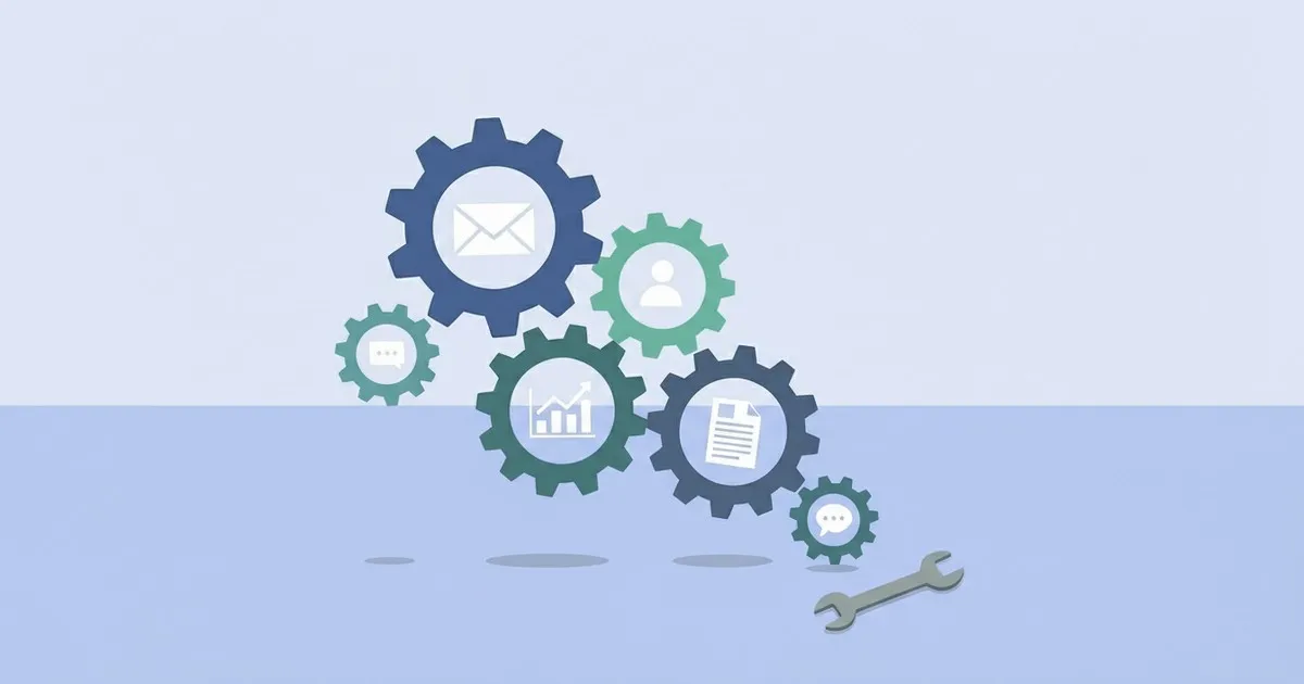 Illustration eines automatisierten Workflow-Systems mit verbundenen Prozessschritten auf einer Arbeitsfläche